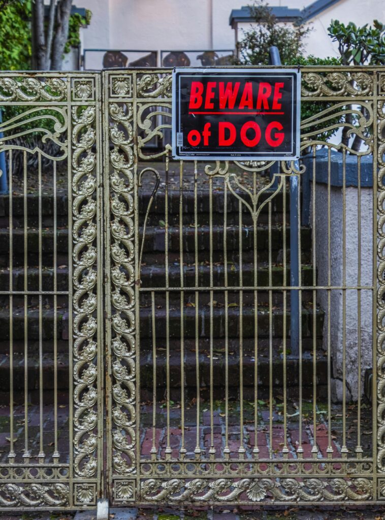 Beware of Dog sign mounted on a metal gate