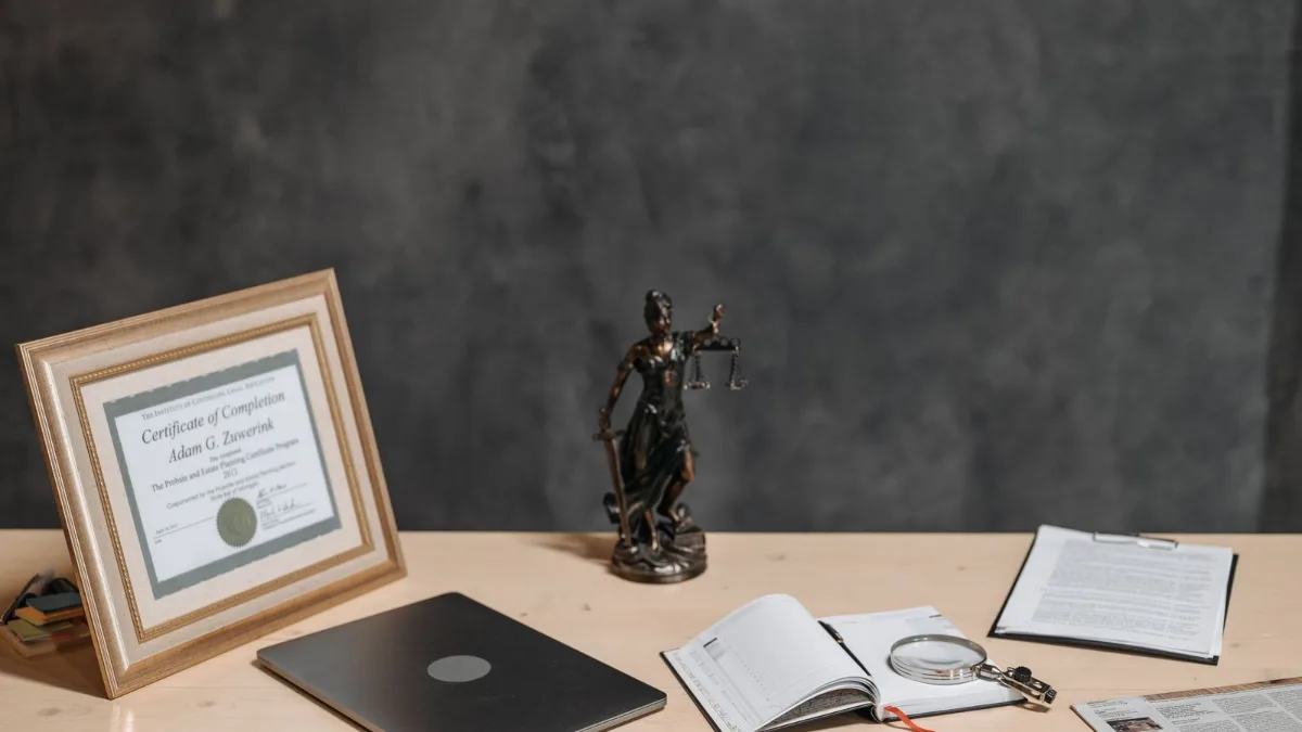 A desk with legal documents, a magnifying glass, a laptop, and a small statue of Lady Justice.