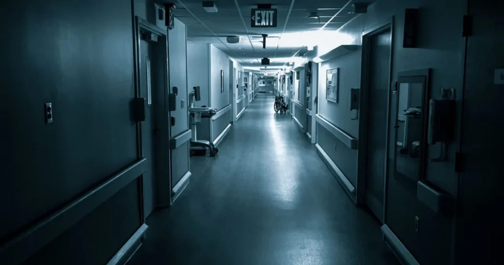 A long, dimly lit hospital corridor with closed doors on both sides and an empty wheelchair in the distance.