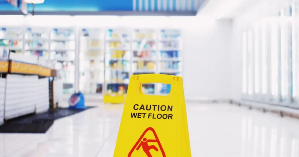 A yellow wet floor caution sign standing in a store aisle
