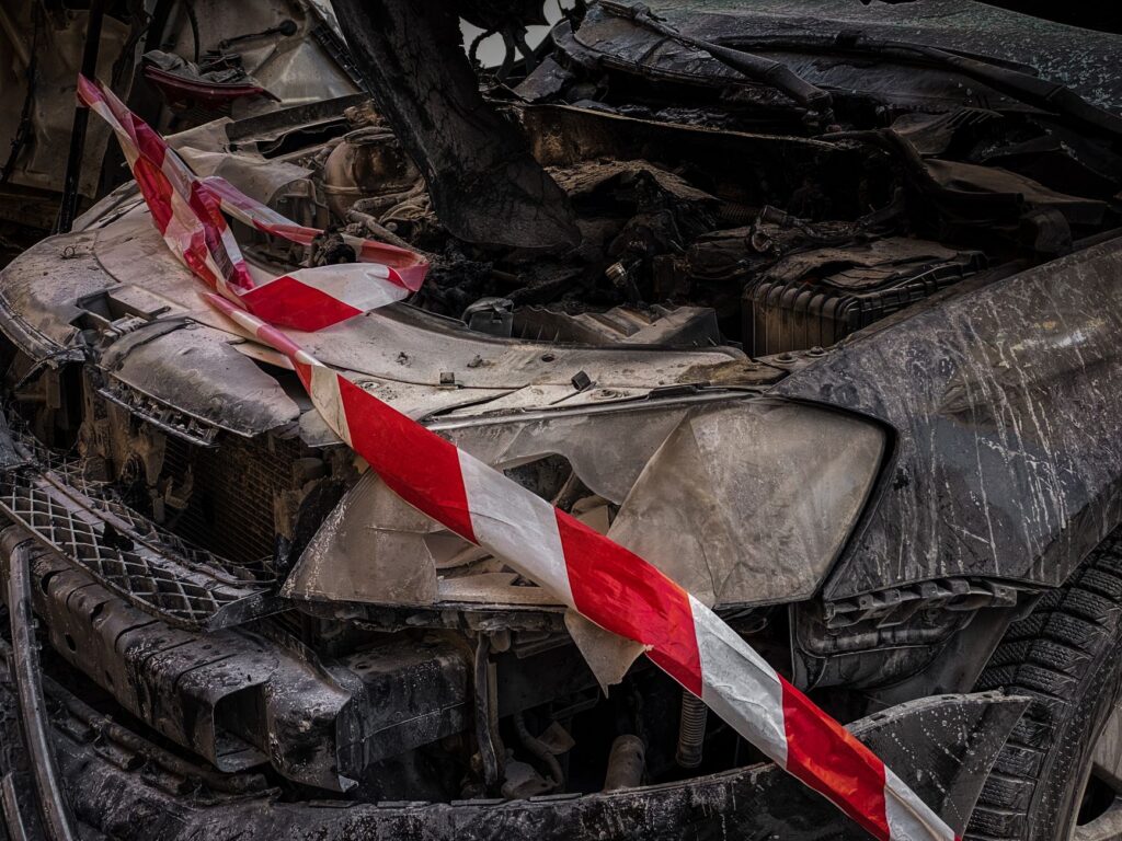 A severely damaged vehicle after a serious crash