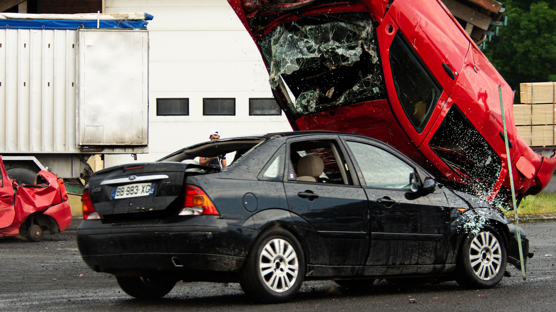 Two damaged vehicles after a collision on a California road