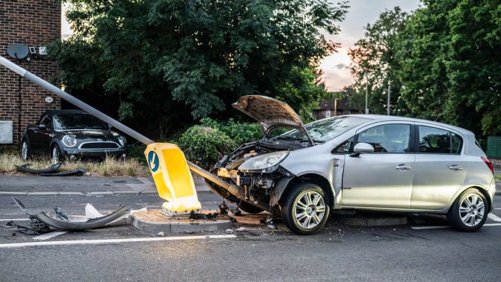 A vehicle with side impact damage after a collision