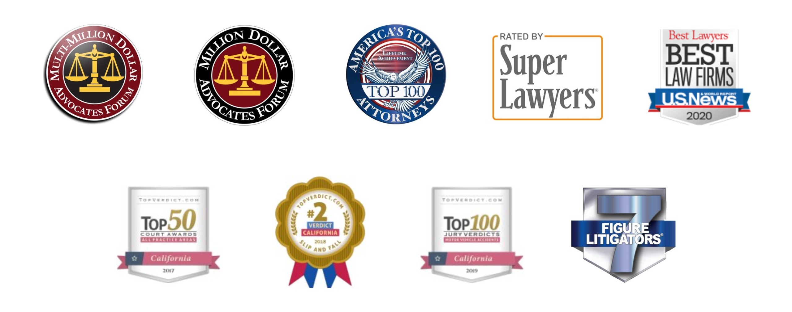 Awards and memberships: Multi-Million Dollar Advocates Forum, Million Dollar Advocates Forum, America's Top 100 Attorneys, Super Lawyers, Best Lawyers U.S. News Best Law Firms, TopVerdict and 7 Figure Litigators