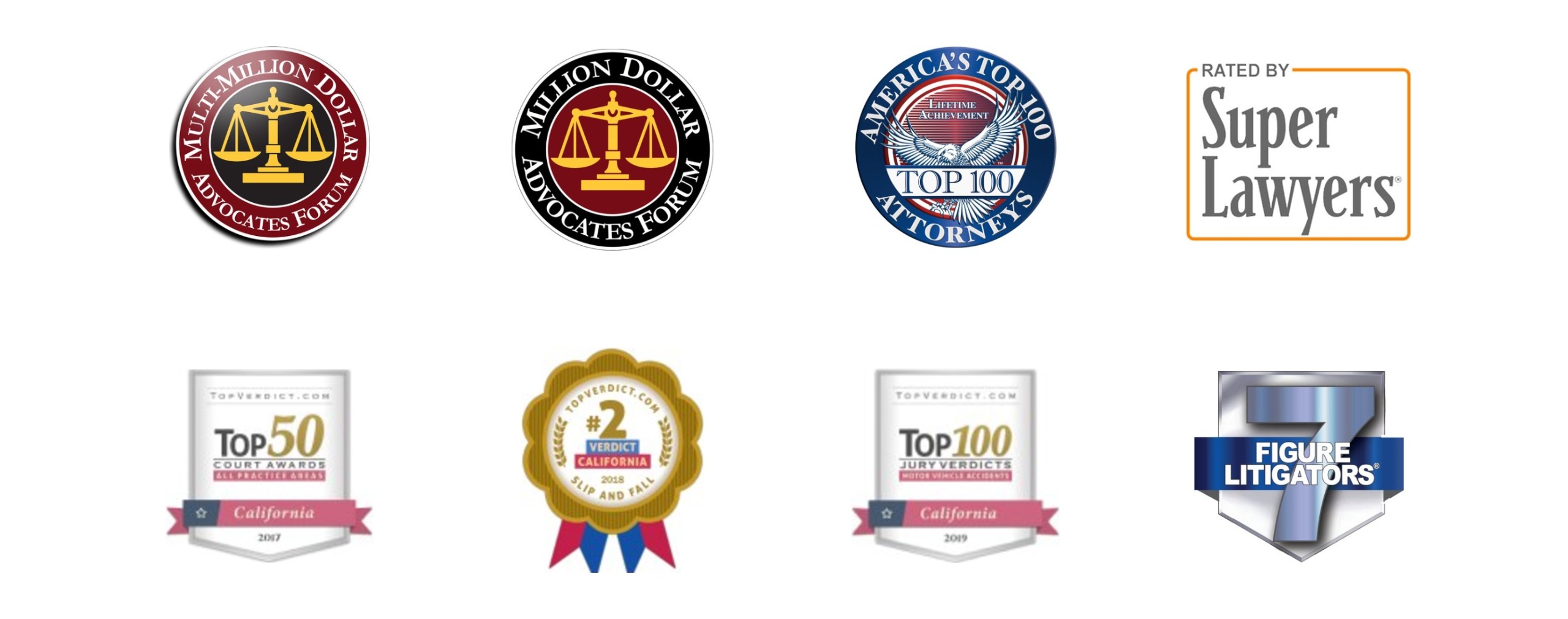 Awards and memberships: Multi-Million Dollar Advocates Forum, Million Dollar Advocates Forum, America's Top 100 Attorneys, Super Lawyers, TopVerdict and 7 Figure Litigators